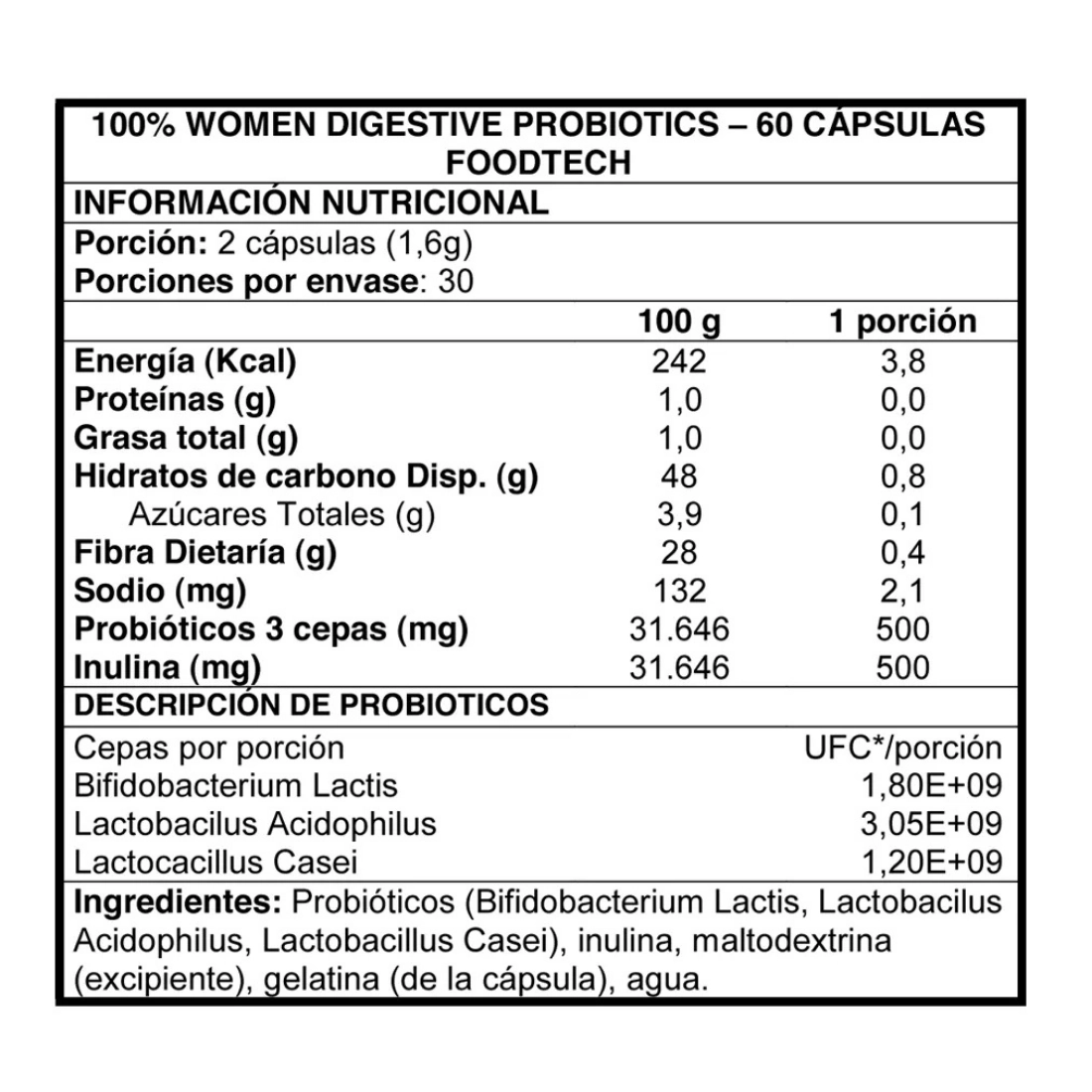 100% Women Digestive Probiotics 60 caps - Foodtech info nutricional