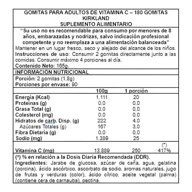 Adult vitamin C gummies 180 unid Kirkland (mandarina) – frasco gomitas vitamina C