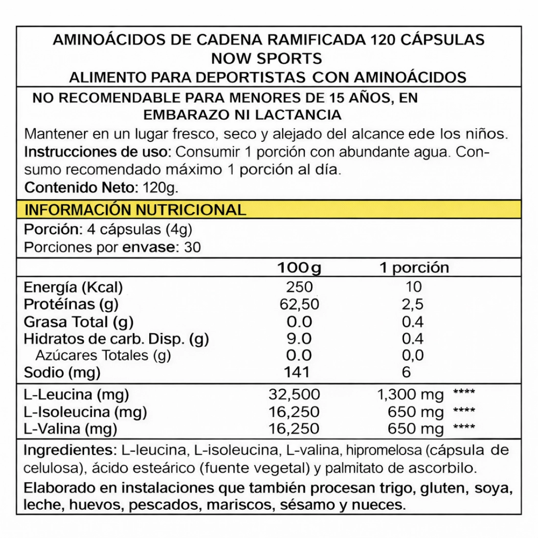bcaa now foods 120 capsulas aminoacidos cadena ramificada información nutricional