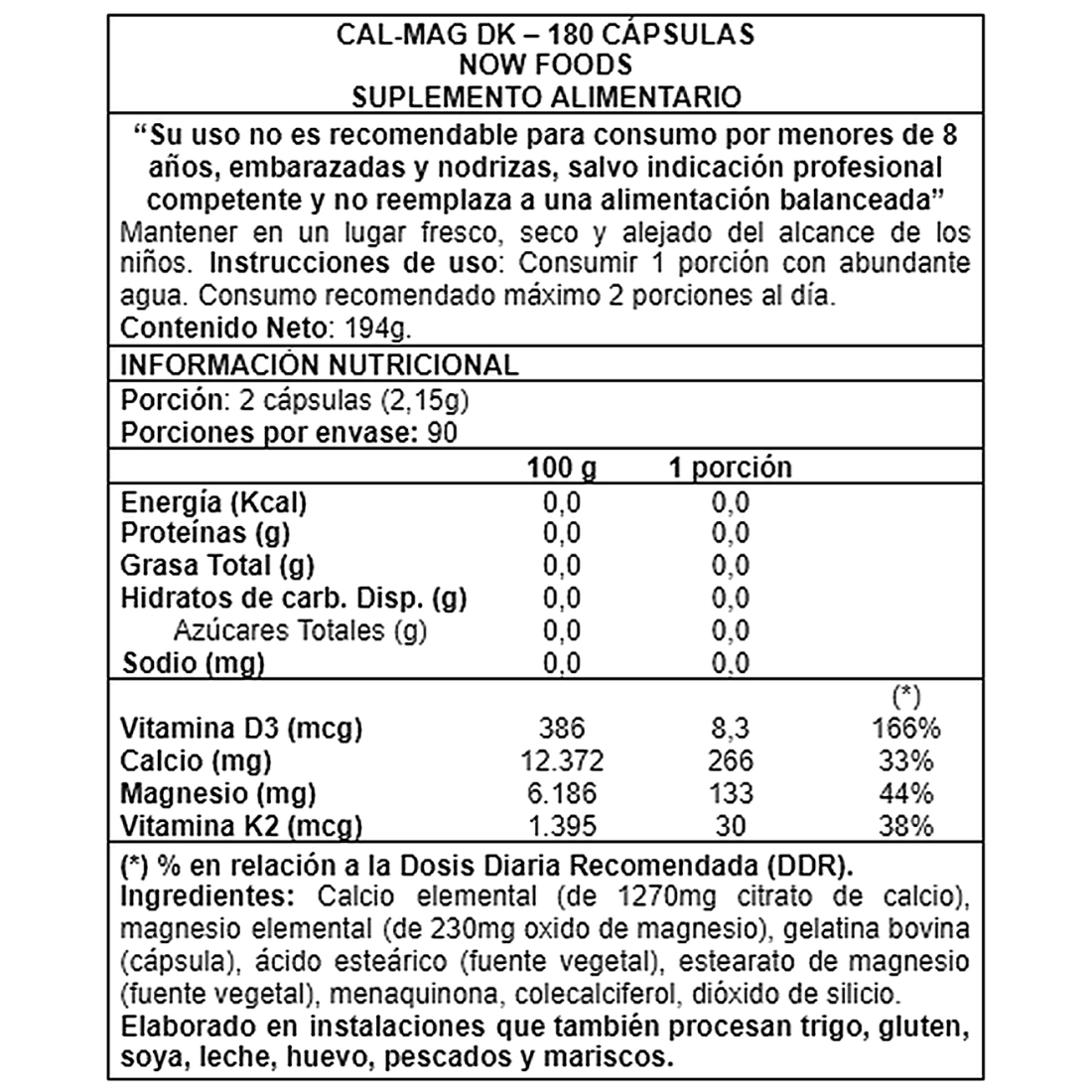 calcio magnesio vitamina d3 y k2 180 cápsulas NOW Foods Cal-Mag DK info nutricional