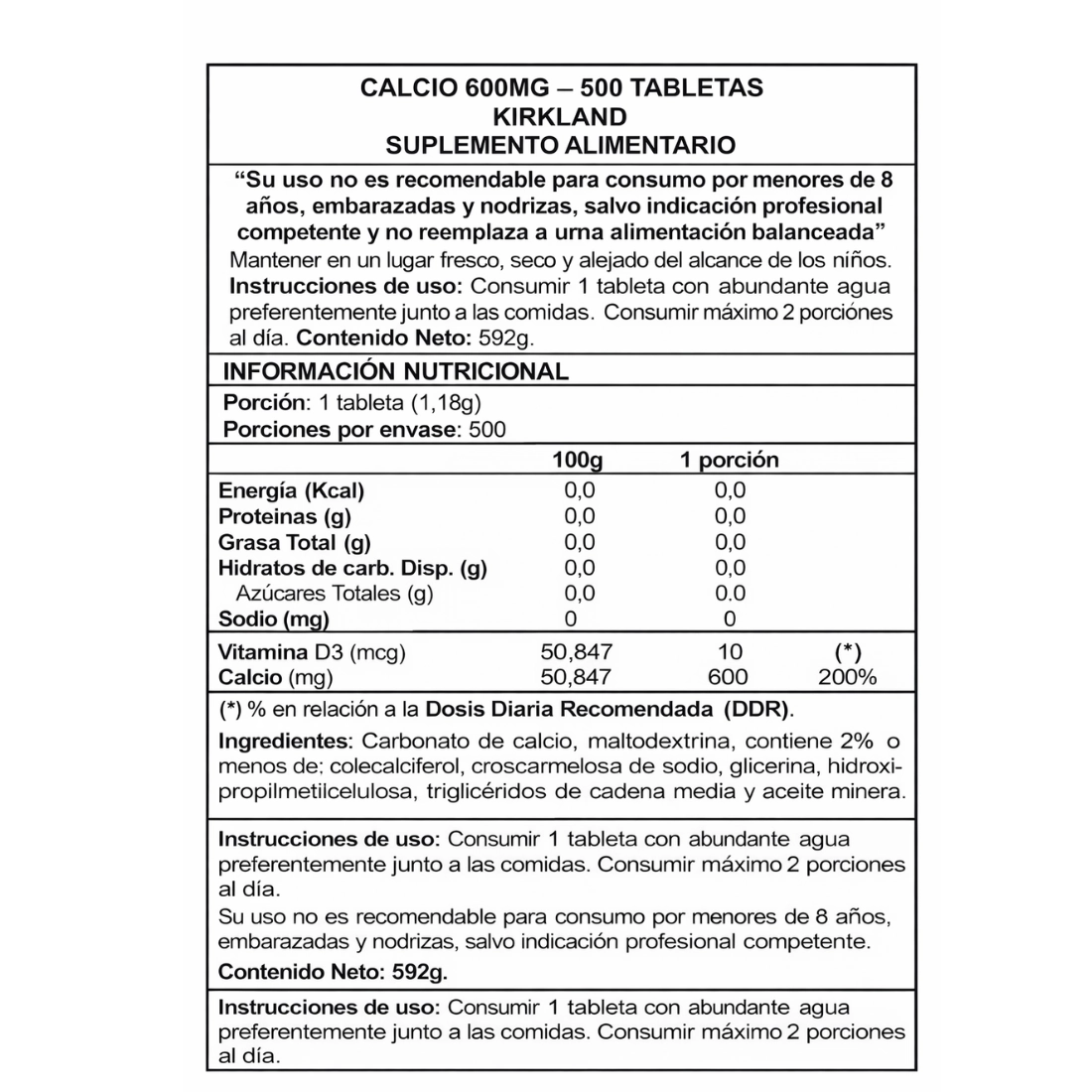 Calcium 600mg 500 Tabs información nutricional