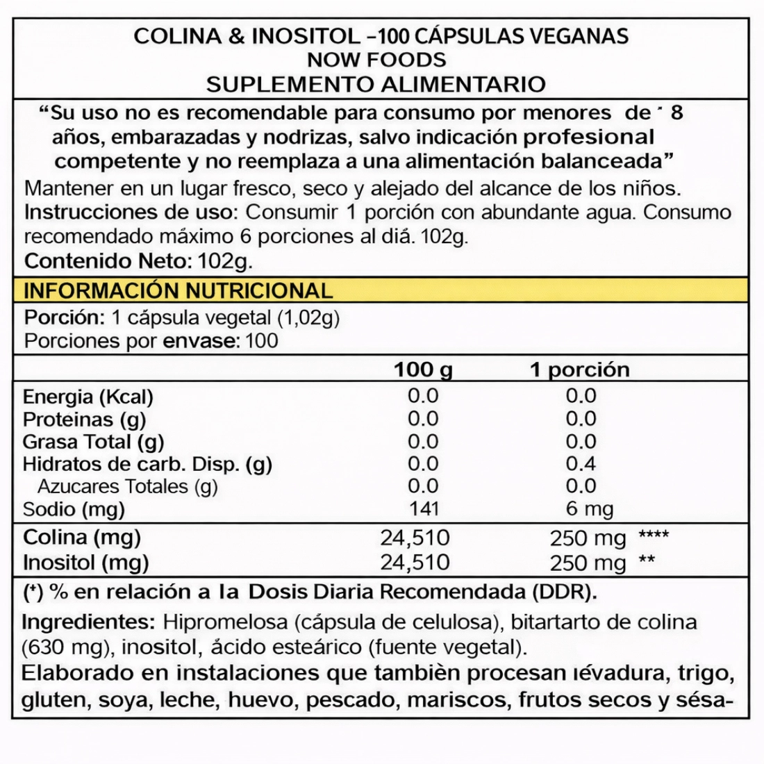 colina inositol 250 mg 100 cápsulas now foods info nutricional