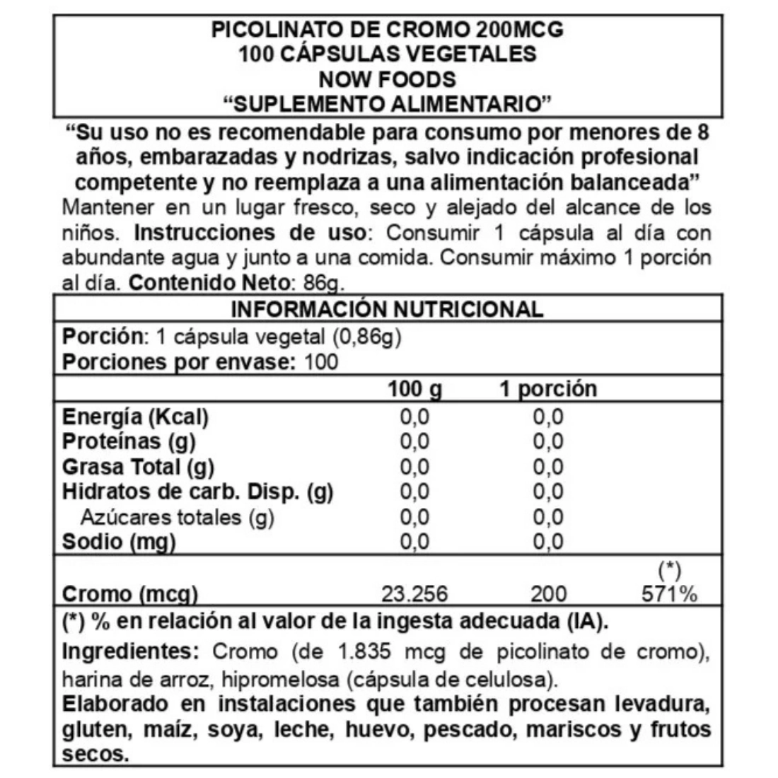 suplemento de picolinato de cromo now foods 200 mcg 100 capsulas info nutricional