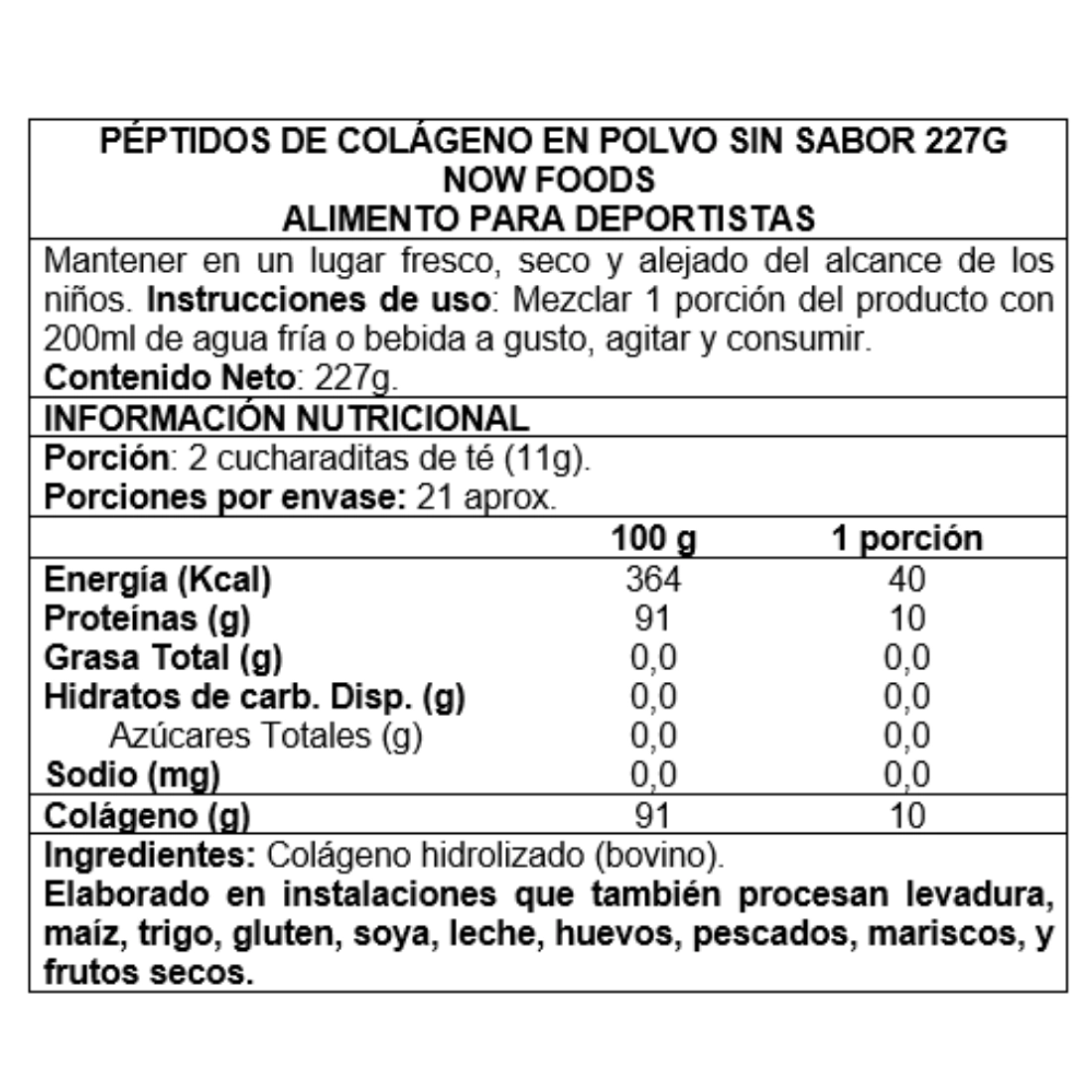 Colageno now foods 227 g péptidos de colágeno sin sabor informacion nutricional
