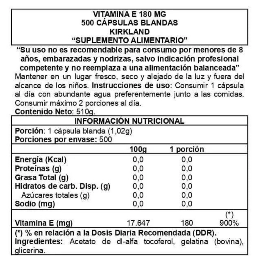 E 180mg 400 IU 500Softgel informacion nutricional