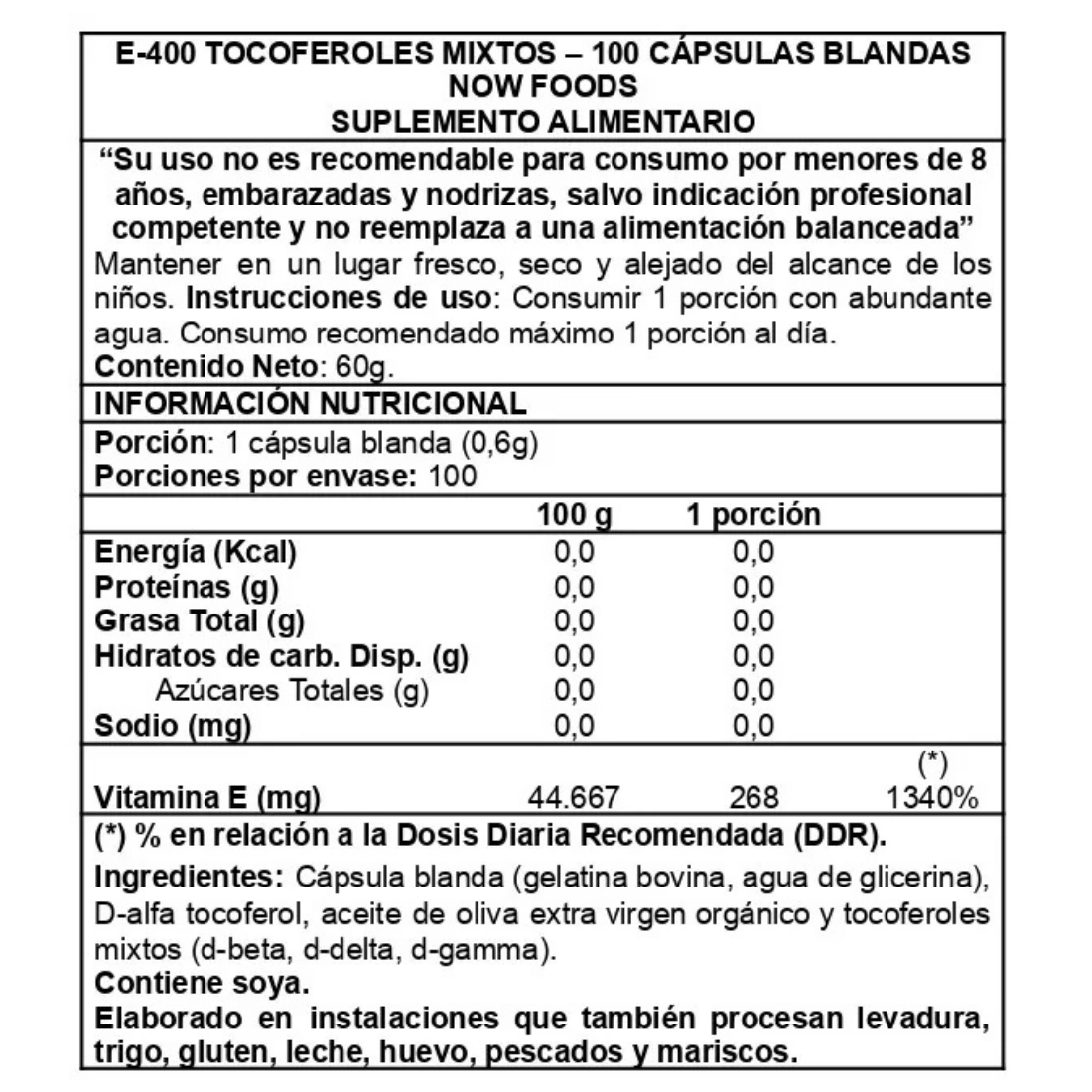 vitamina e 400 ui now foods 100 caps tocoferoles mixtos info nutricional