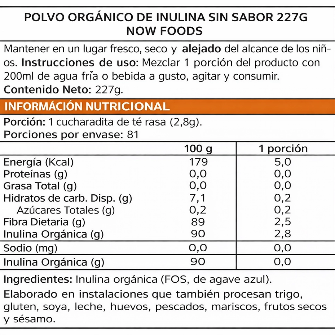 Inulina Now Foods 227 g inulina now foods fibra prebiótica info nutricional