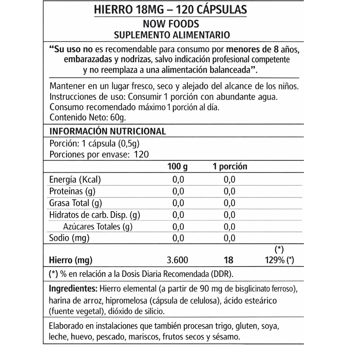 Hierro 18 mg Now Foods Ferrochel 120 cápsulas vegetales info nutricional