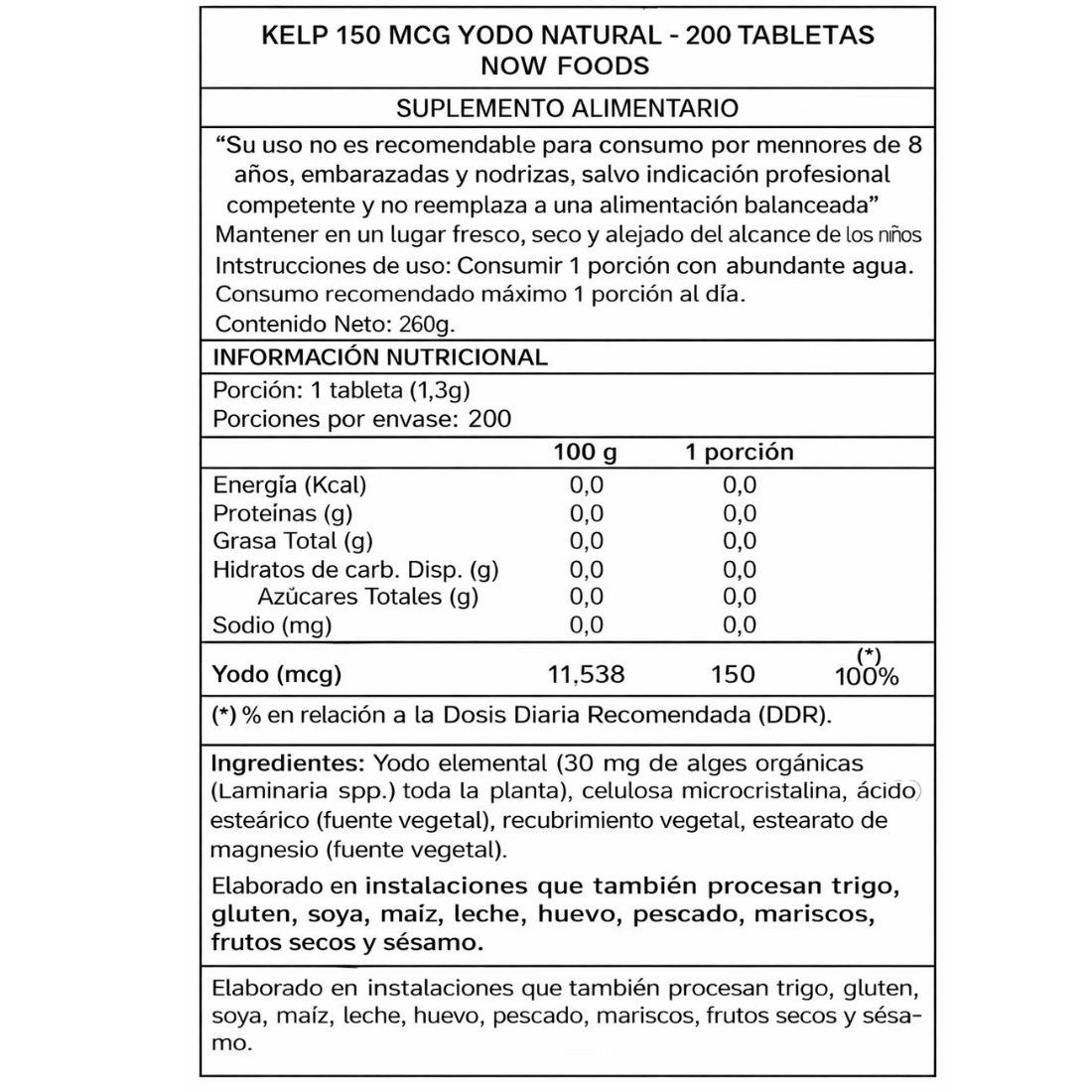 yodo 150 mcg kelp 200 tabletas now foods info nutricional