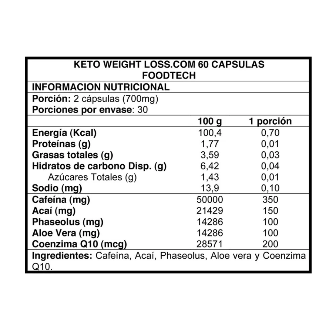 Keto Weight Loss 60 caps - Foodtech info nutricional