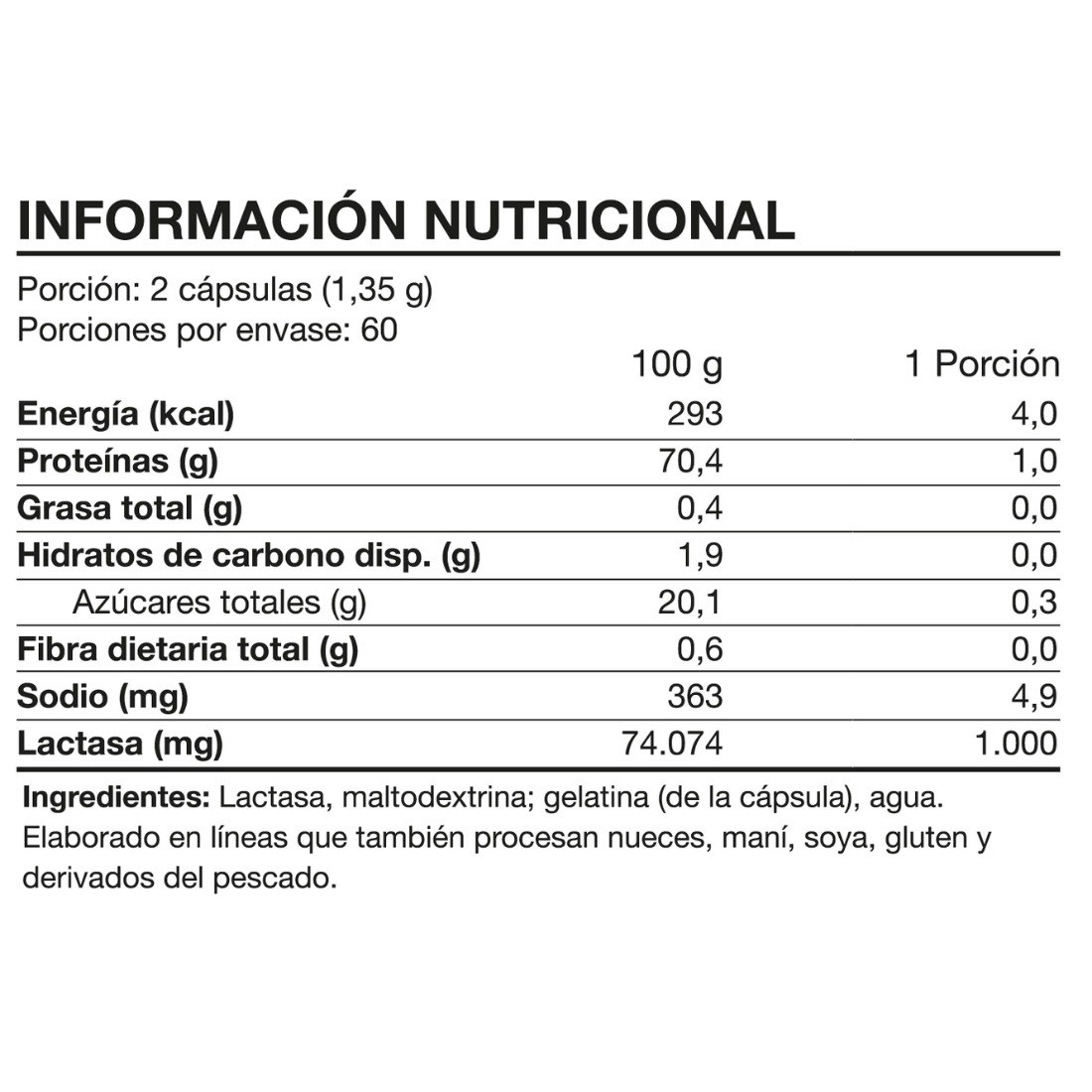 Lactase Enzyme 1000mg 120 Caps - Foodtech info nutricional