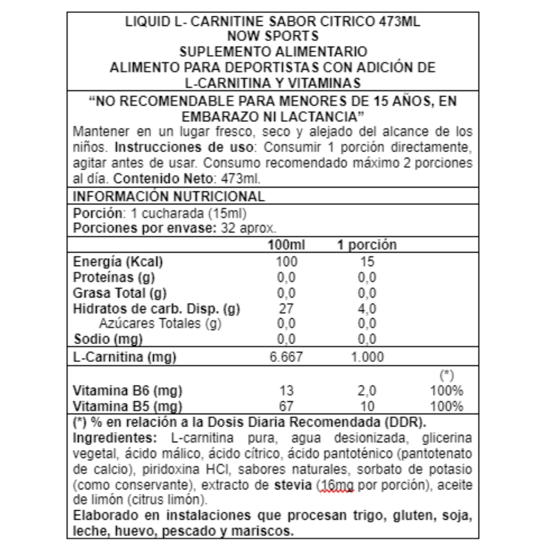 l carnitina líquida now foods 473 ml citrus informacion nutricional