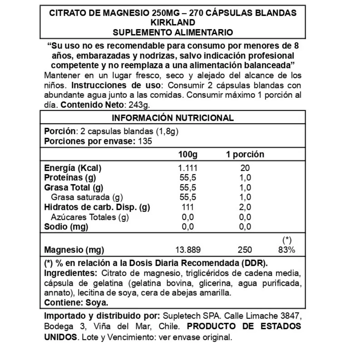 Magnesium Citrate 250mg 270 Softgels información nutricional
