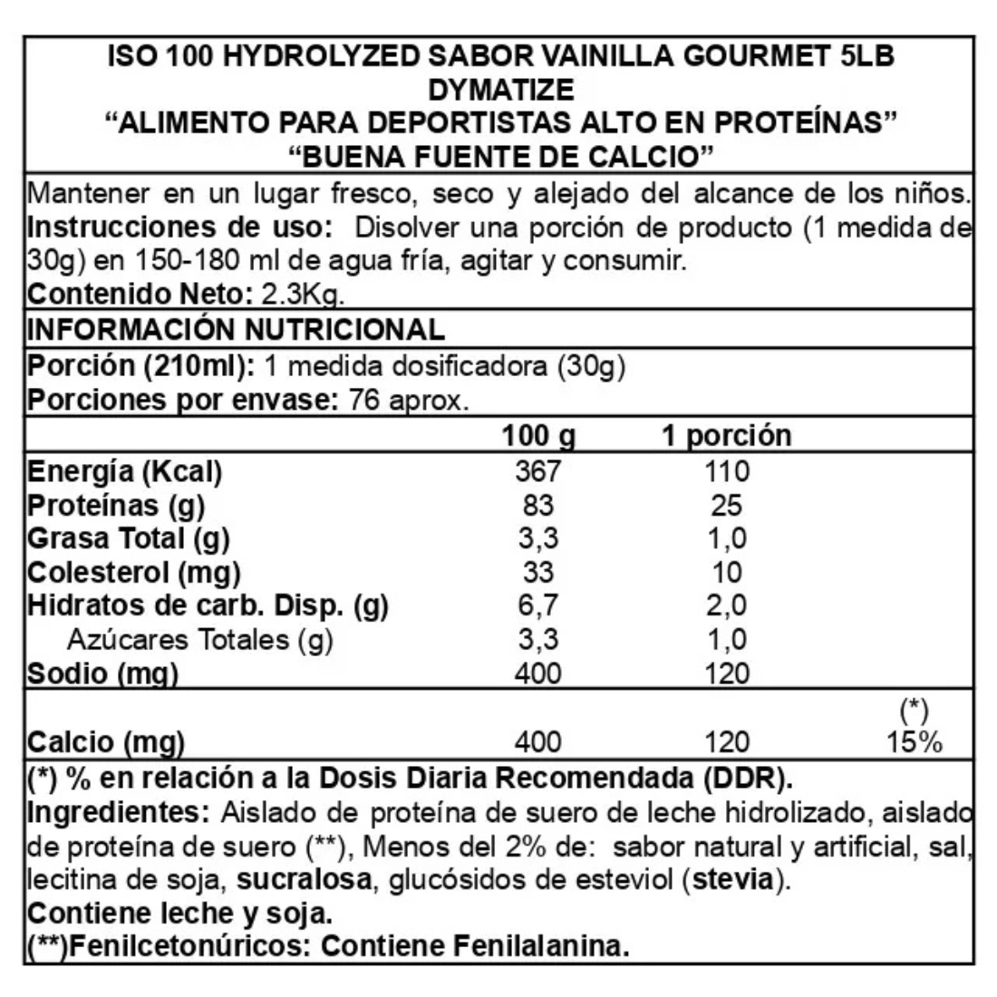 Proteína Iso 100 5 lb _ Dymatize Nutrition info nutricional