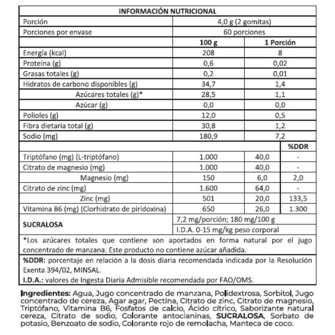 Sleep Gummies 120 unid - Foodtech cereza información nutricional