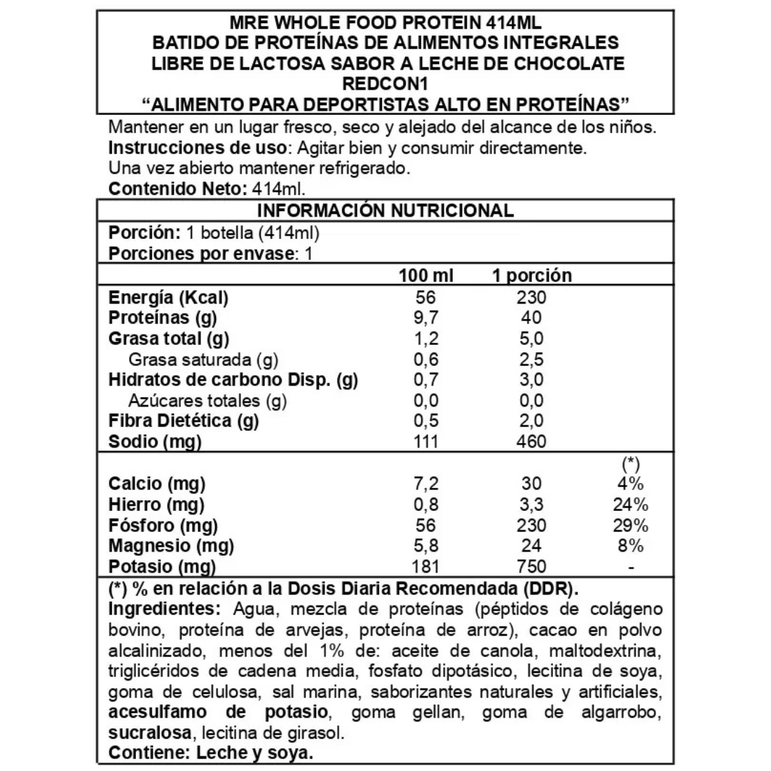 redcon1 mre shake caja 12 unidades info nutricional