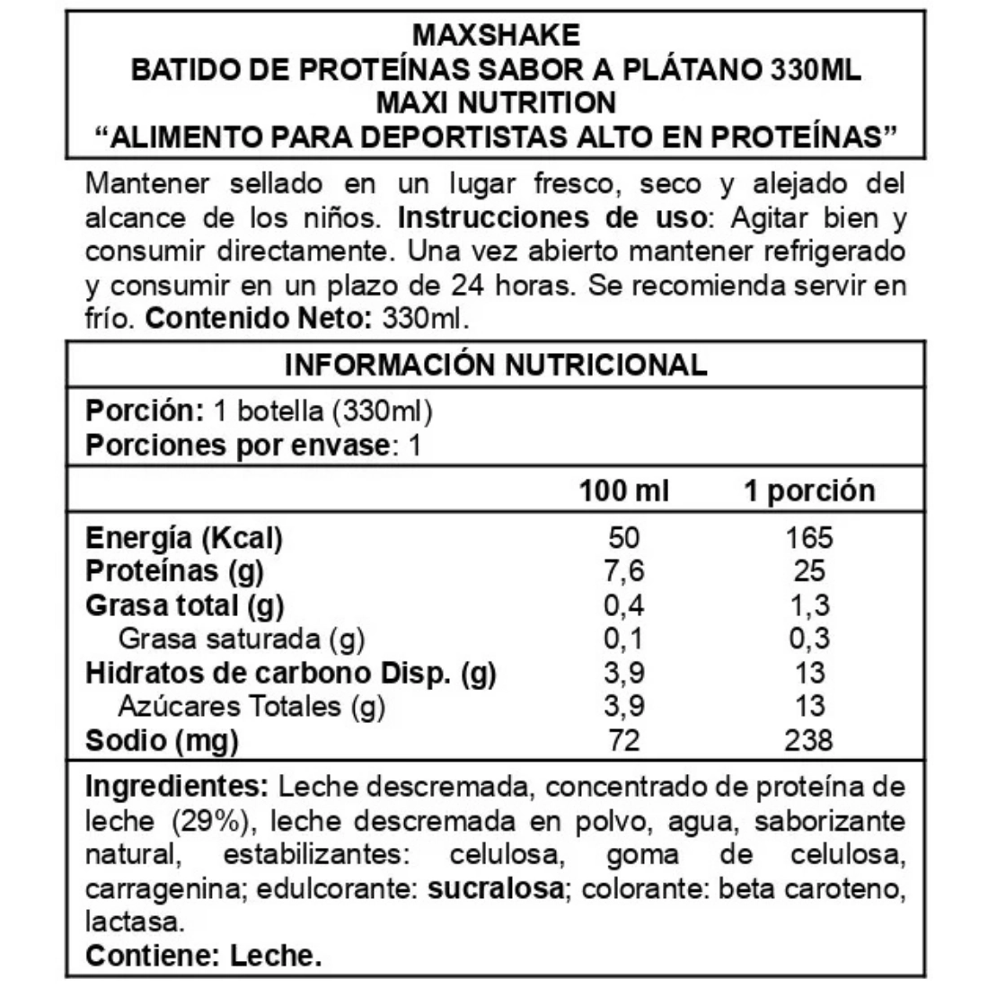 Batido proteico MaxShake banana 12 unidades 330 ml Maxi Nutrition Info Nutricional