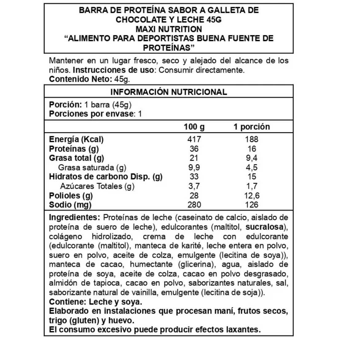 Caja de barras proteicas Creamy Core 12 unidades Maxi Nutrition sabor Chocolate con galleta y leche Info Nutricional