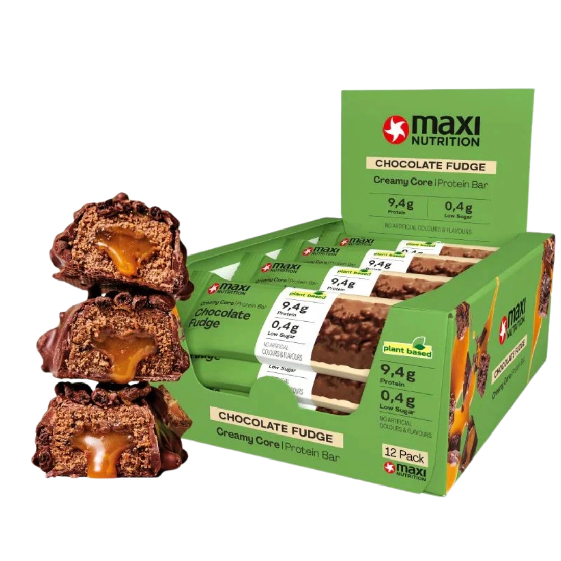 barra de proteína vegana Creamy Core chocolate fudge 12 unidades Maxi Nutrition