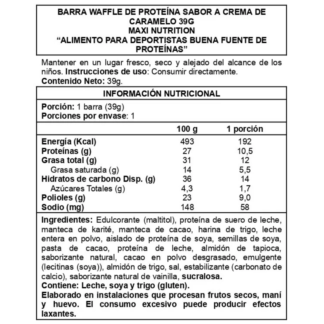 Caja de barras de proteína Waffle Bar 12 unidades Maxi Nutrition sabor caramelo cremoso Info Nutricional