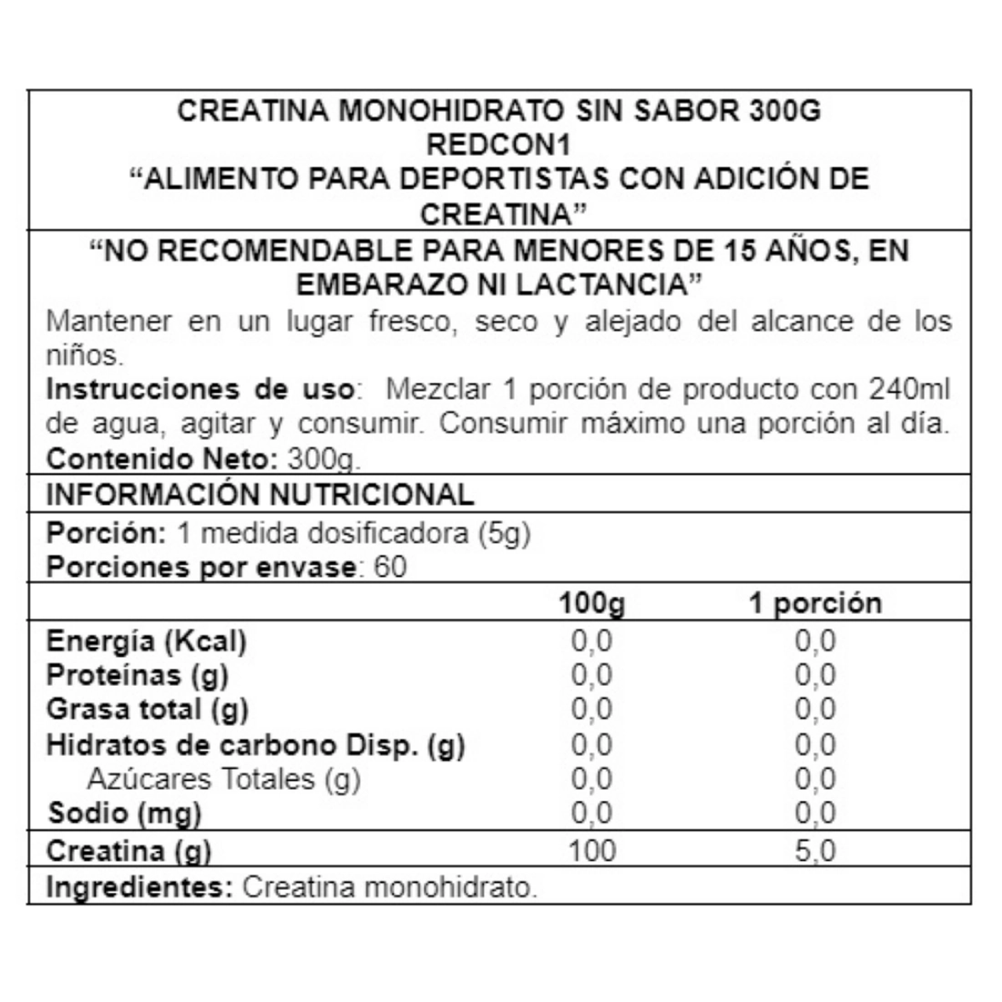 Creatine Monohydrate 60 Serv - Redcon1 Info Nutricional