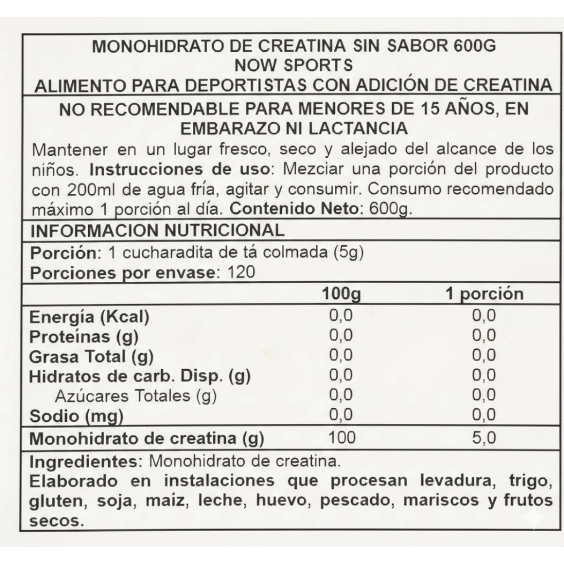 Creatina monohidratada 600 g NOW Foods en polvo sin sabor Info nutricional