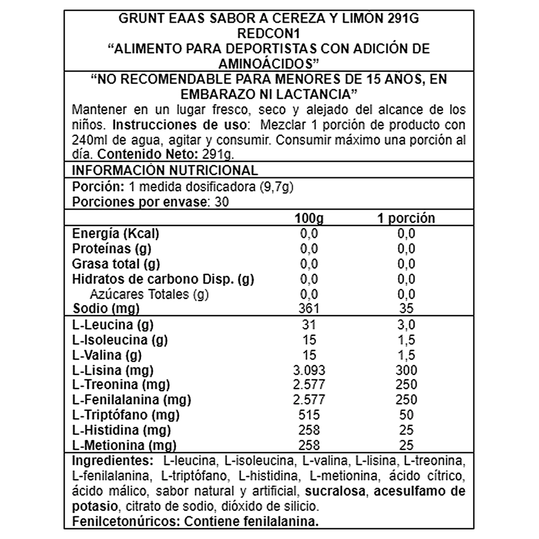 Grunt EAAs Redcon1 291 g aminoácidos esenciales en polvo 30 servicios Info Nutricional