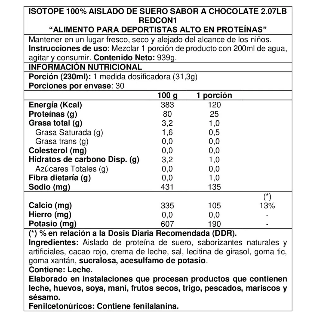 Proteína whey isolate 2 lb Redcon1 Isotope sabor Chocolate Info nutricional