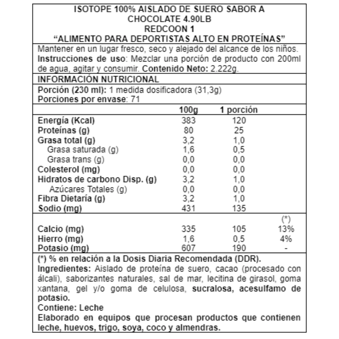 Isotope Redcon1 4.7 lb proteína aislada de suero sabor vainilla Info Nutricional