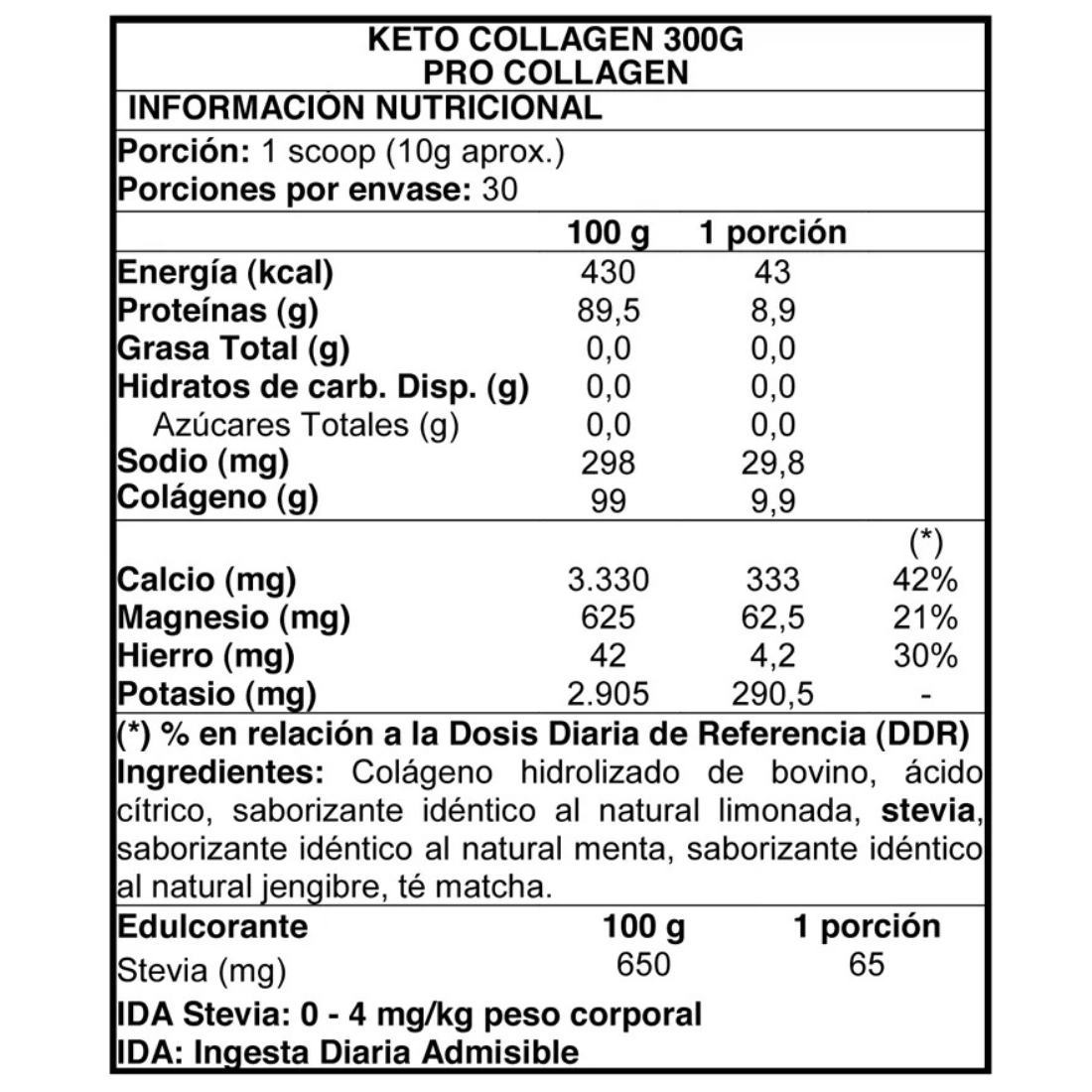 keto collagen 300 g procollagen con electrolitos limon menta jengibre info nutricional