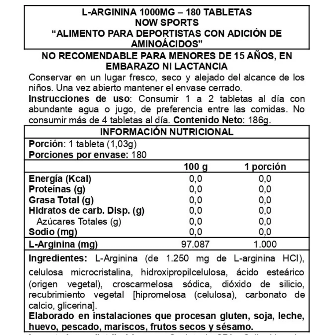 l arginina 1000 mg 180 tabletas now foods sin sabor informacion nutricional