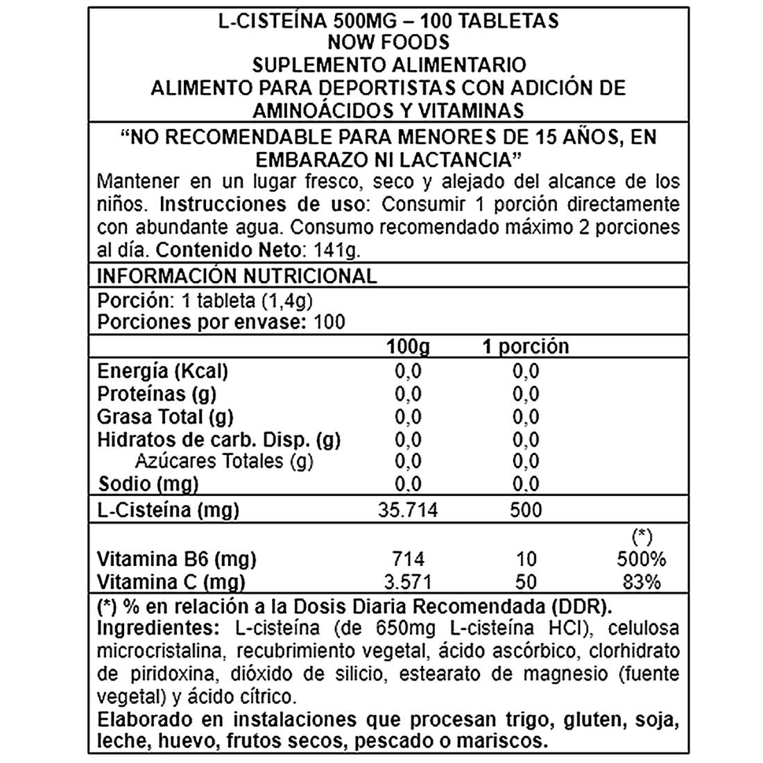 l cisteina 500 mg 100 tabletas now foods Info Nutricional