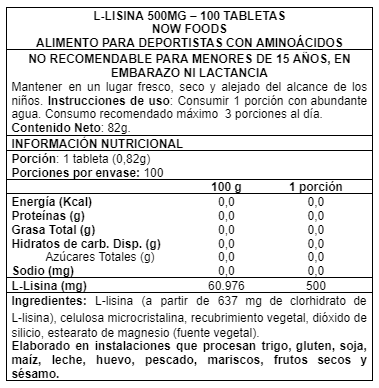 Lisina 500 mg NOW Foods 100 tabletas suplemento info nutricional