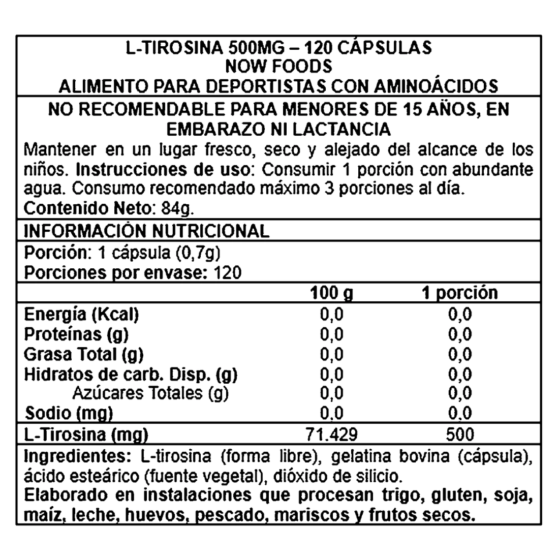 L tirosina now foods 500 mg 120 cápsulas suplemento informacion nutricional