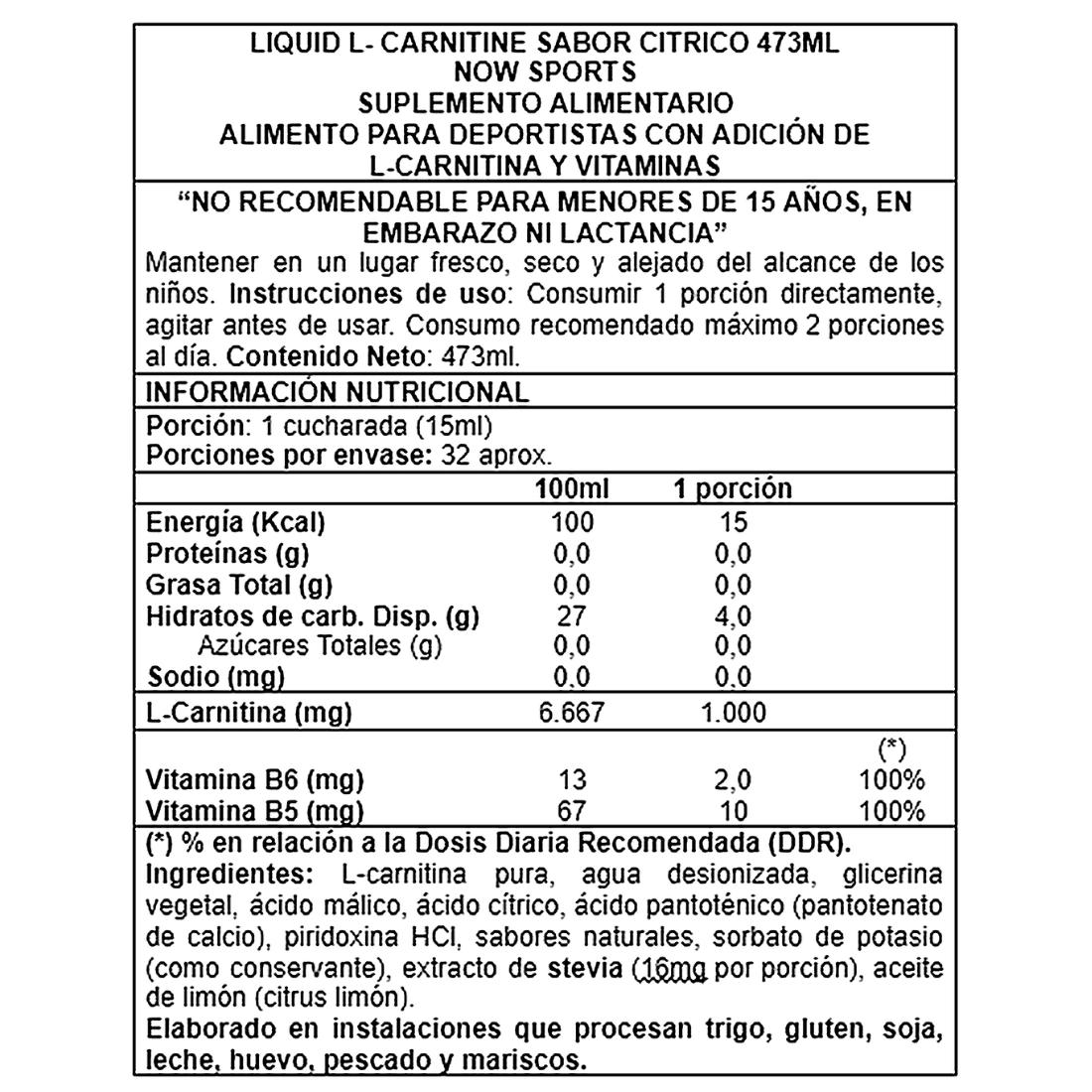 L-Carnitina líquida 1000 mg 473 ml Now Foods suplemento en Chile Info Nutricional