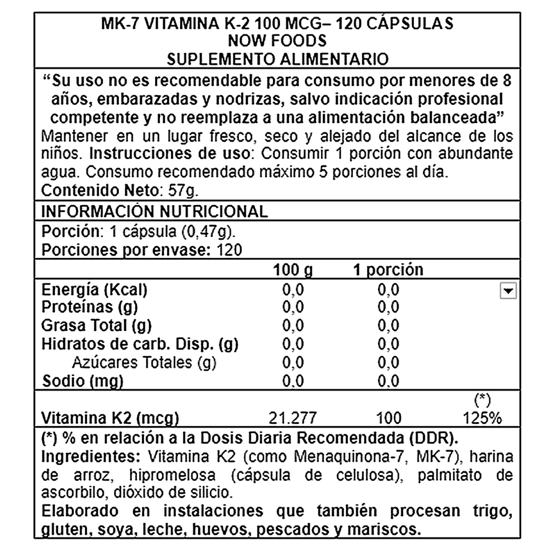 vitamina k2 mk7 100 mcg 120 cápsulas vegetales now foods Info Nutricional