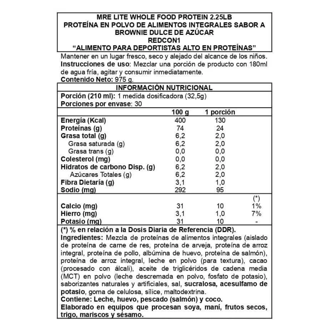 MRE Lite 2 lbs Redcon1 proteína baja en carbohidratos sabor brownie de chocolate Info Nutricional