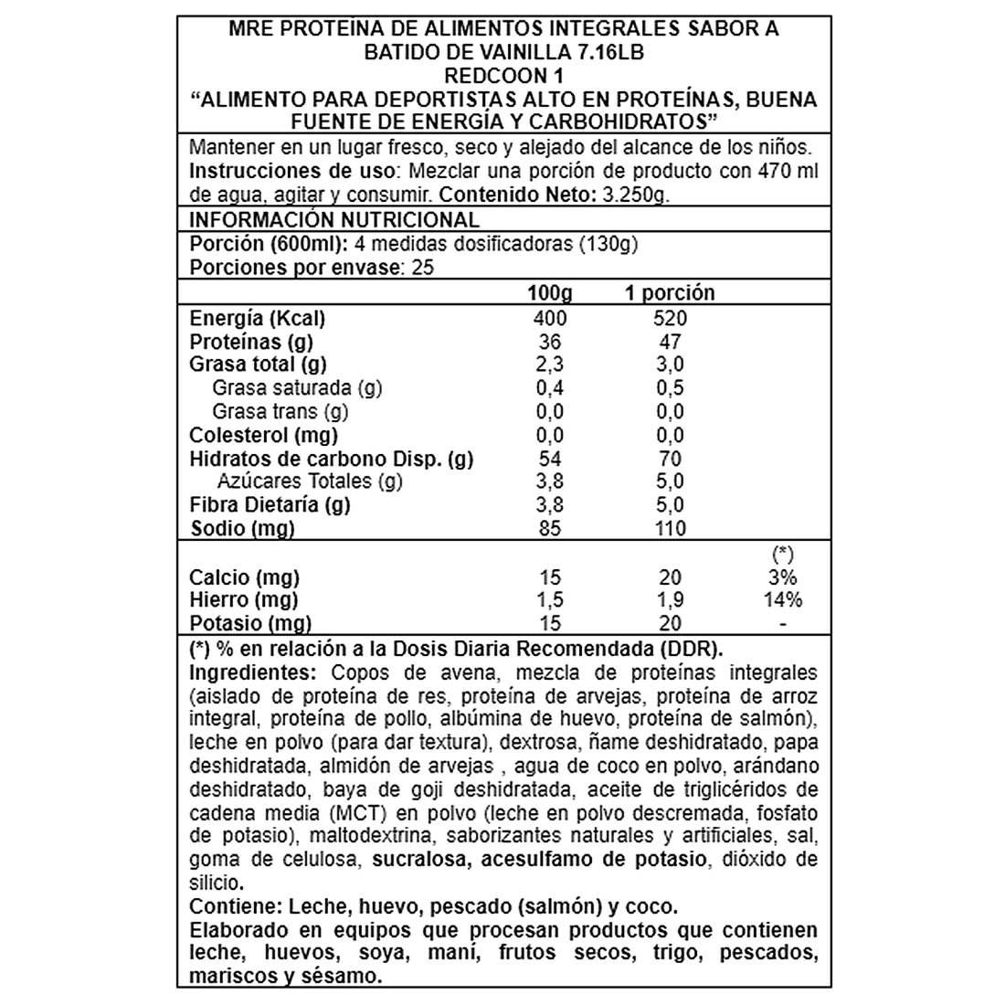 MRE Redcon1 7 lb reemplazo de comida proteico Info Nutricional