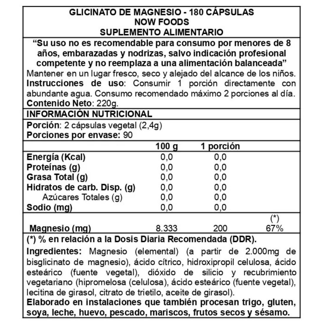 glicinato de magnesio 180 tabletas now foods Info Nutricional
