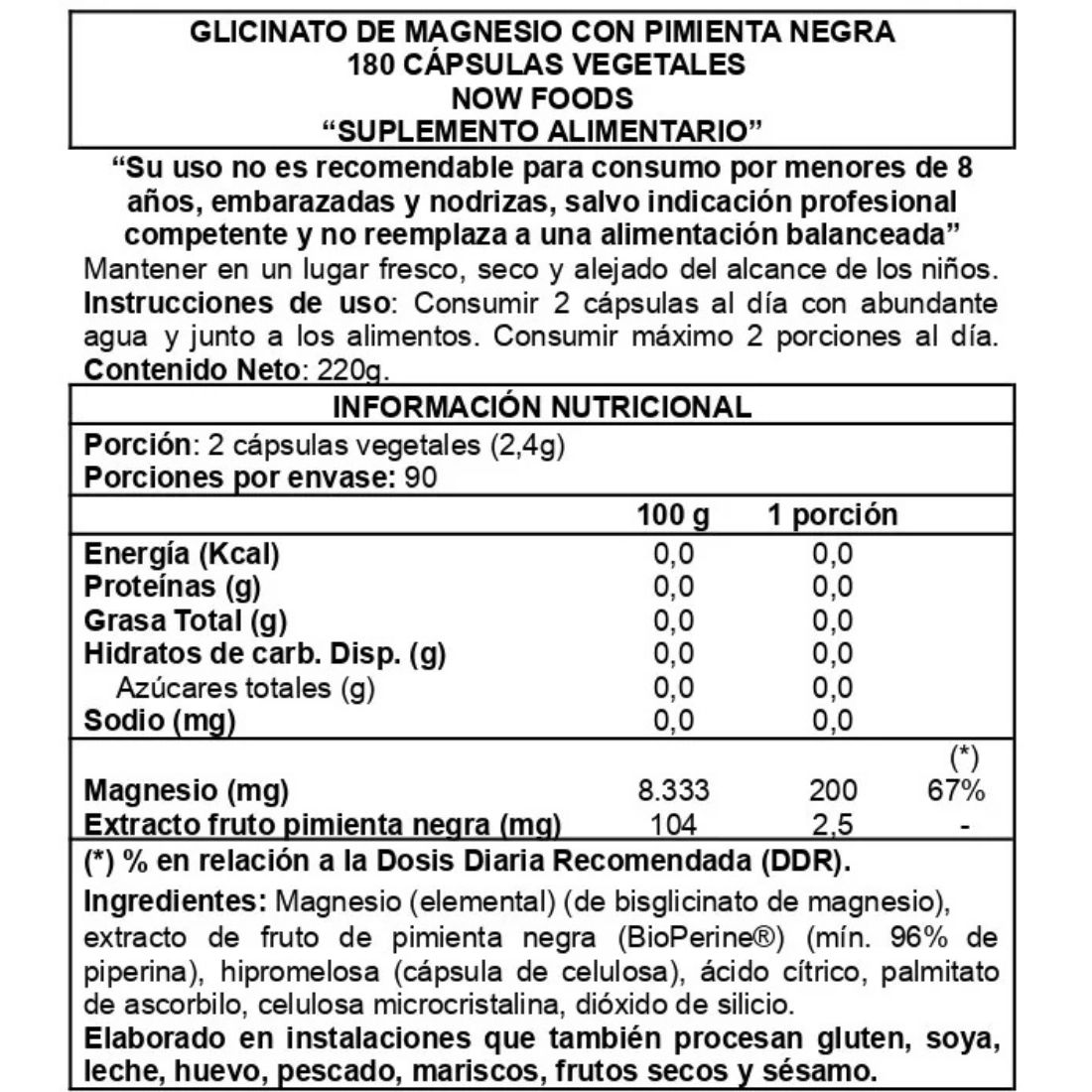 glicinato de magnesio con BioPerine 180 cápsulas NOW Foods Info Nutricional