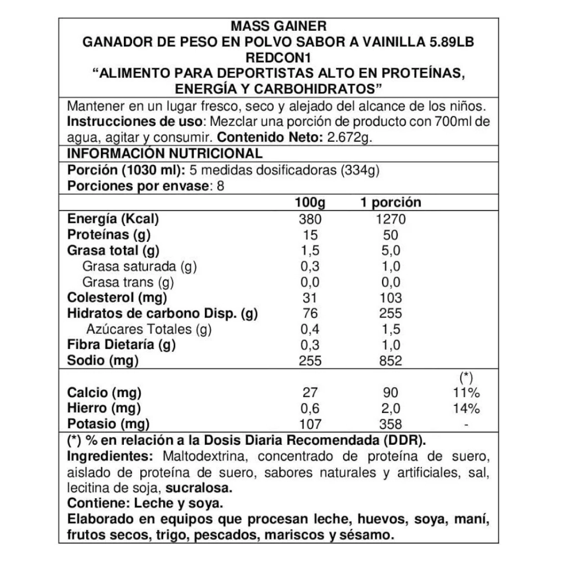 Ganador de masa 6 lb Redcon1 sabor vainilla Info Nutricional
