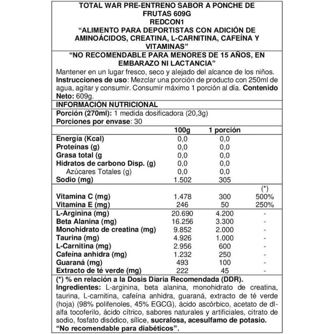 Pre entreno Total War 600g Redcon1 frutos rojos helados Info Nutricional
