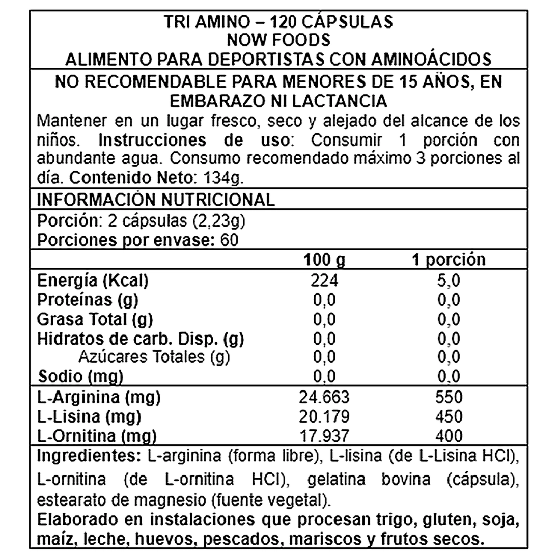 Tri amino now foods 120 caps aminoácidos arginina lisina ornitina Info Nutricional