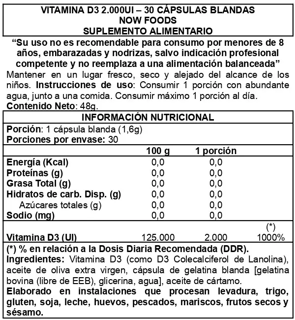 vitamina d3 2000 ui now foods 30 softgels Información Nutricional