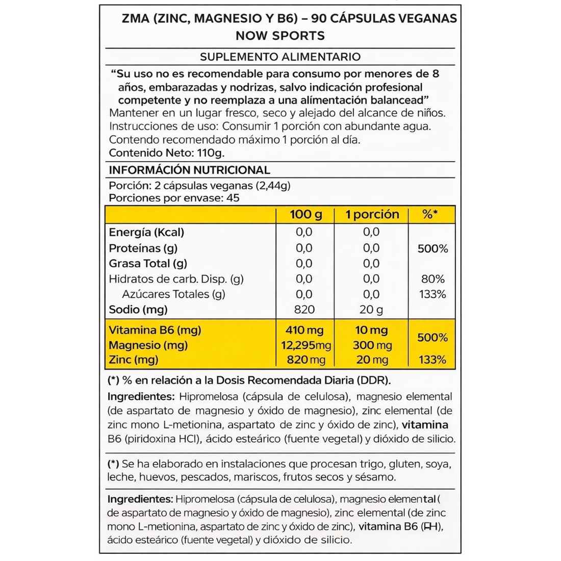 now zma 800 mg now foods 90 cápsulas veganas zinc magnesio b6 info nutricional