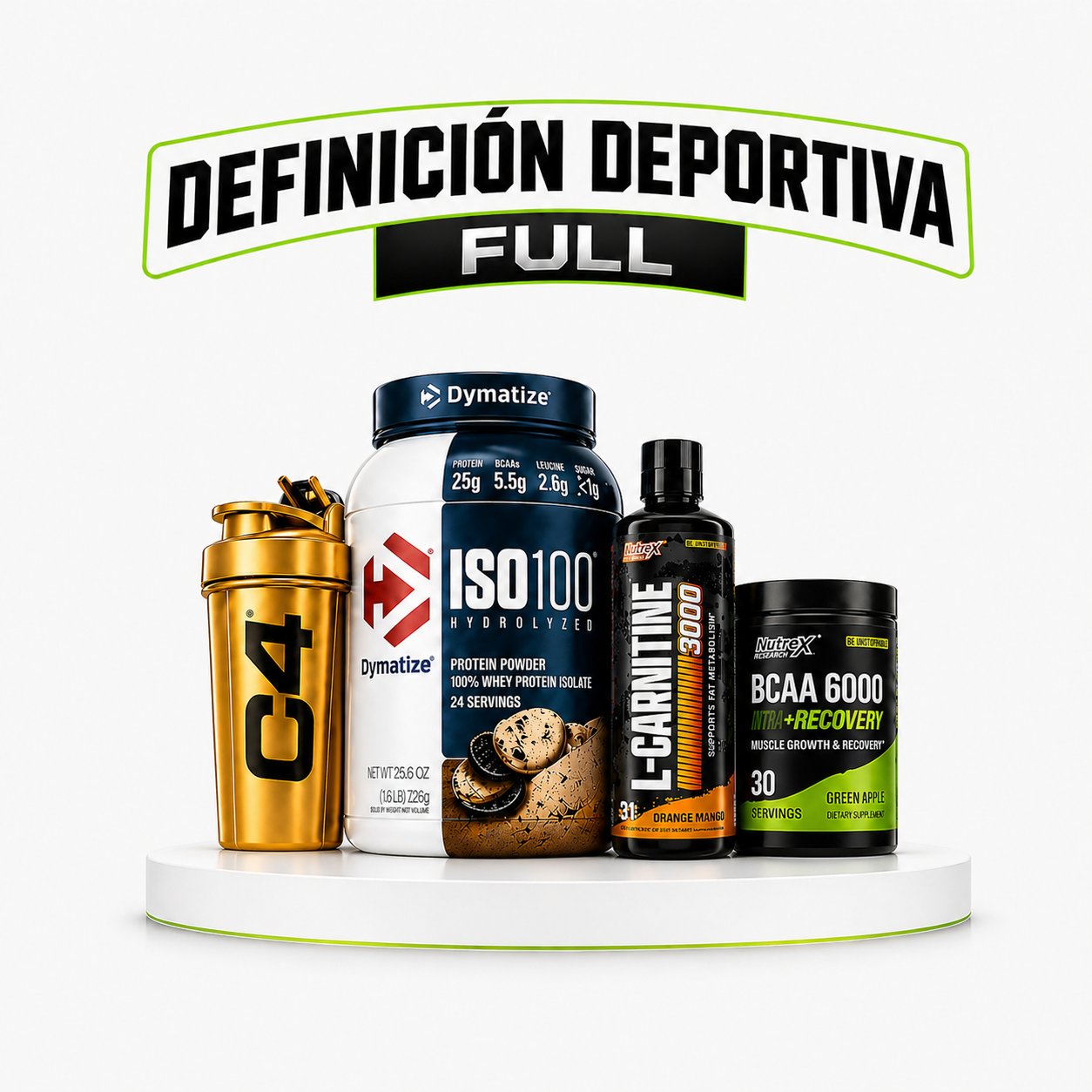 Pack Definición Deportiva Full Bee Fitness con Iso 100 Dymatize, Liquid Carnitine 3000 Nutrex, BCAA 6000 Nutrex y Shaker C4