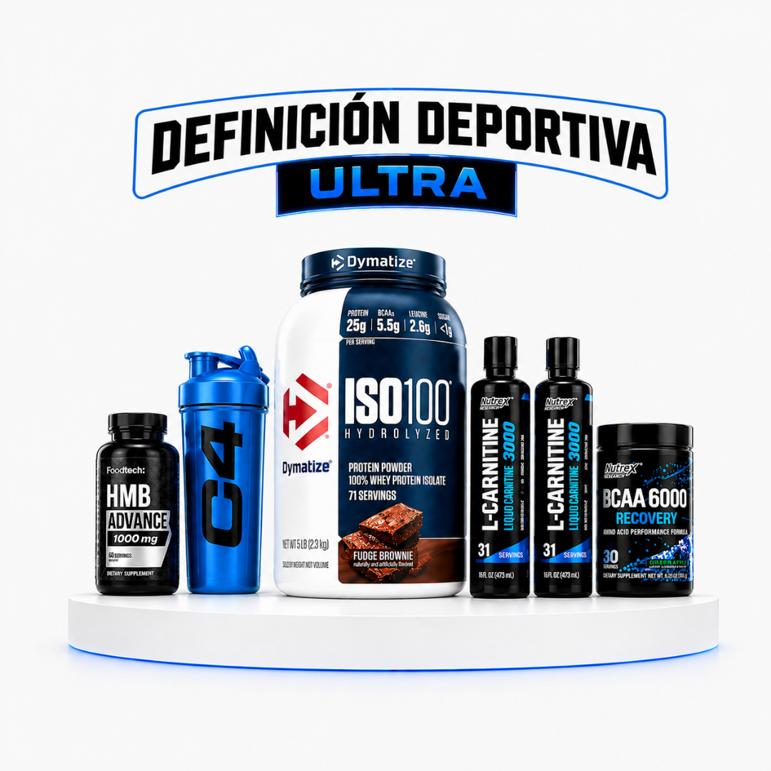 Pack Definición Deportiva Ultra Bee Fitness con Iso 100 Dymatize, Liquid Carnitine 3000, BCAA 6000, HMB 1000 y Shaker C4