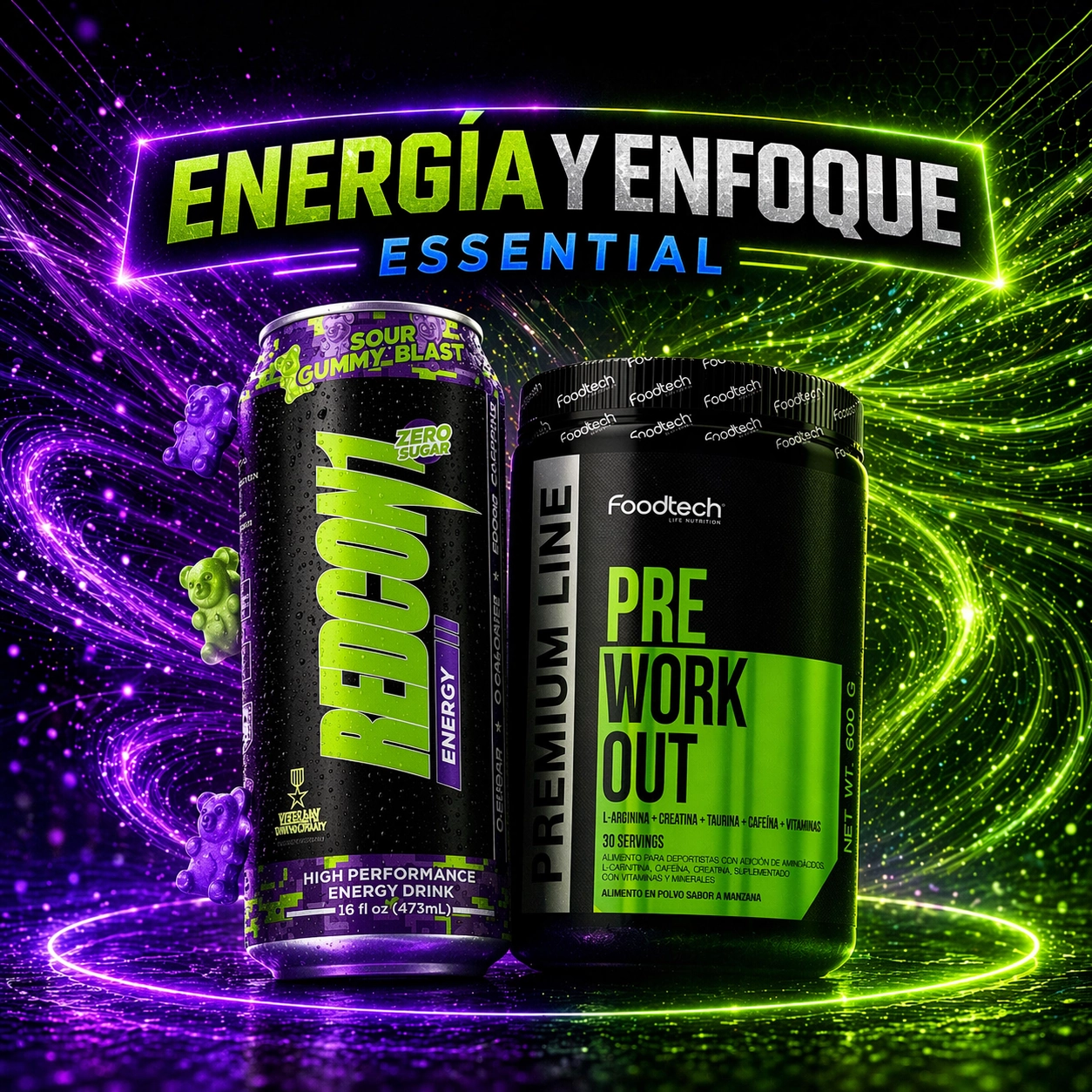 pack pre entreno y bebida energética