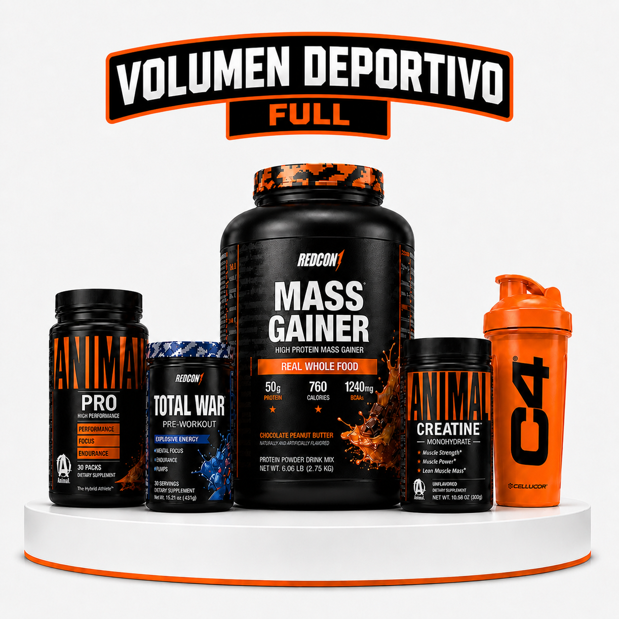 Pack volumen deportivo full Bee Fitness con Mass Gainer Redcon1, Total War, Creatina Animal, Animal Whey Isolate y shaker