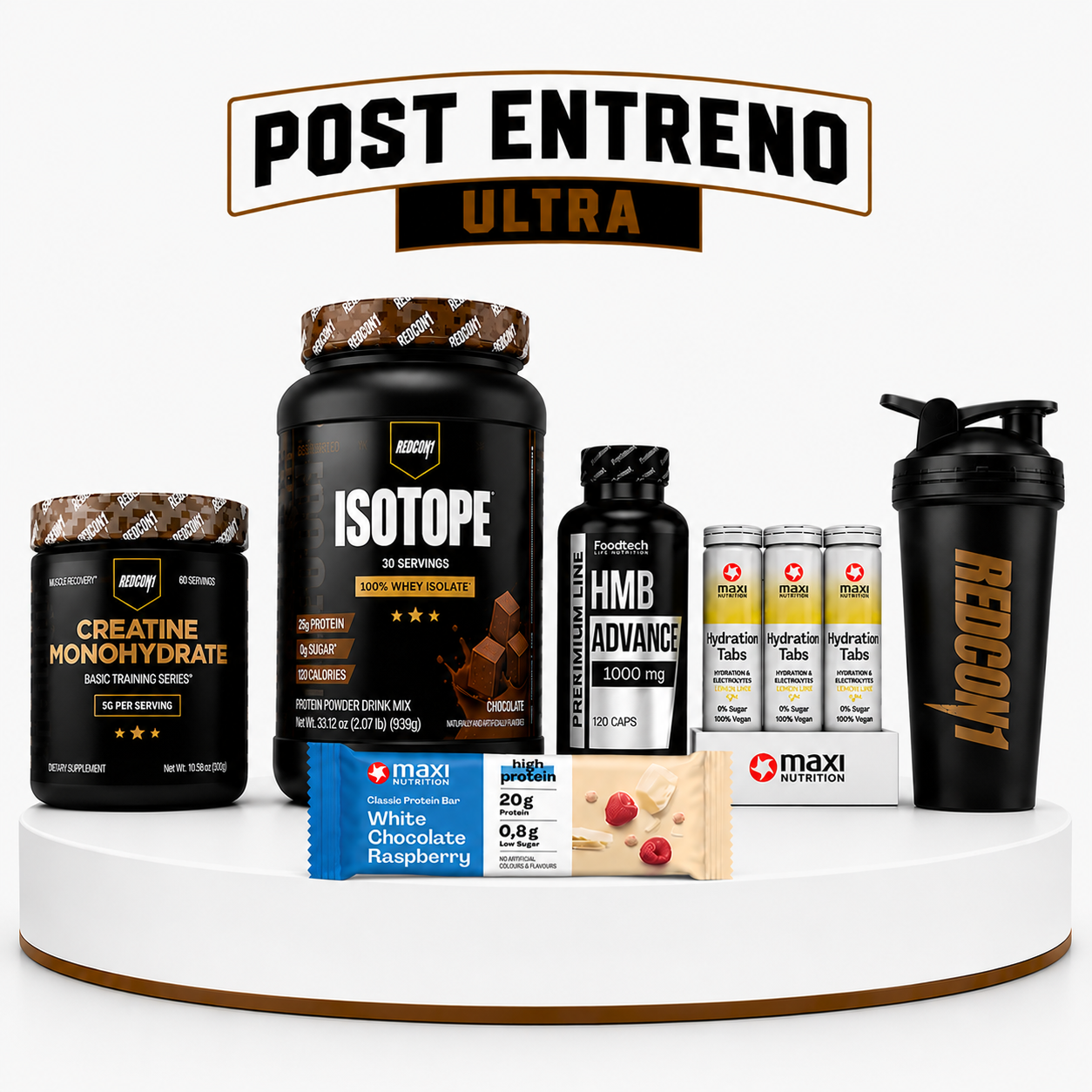Pack Ultra post entreno con proteína Redcon1 creatina Hydration Tabs HMB barras proteicas Maxi Nutrition y shaker Redcon1